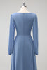 Load image into Gallery viewer, A Line Grey Blue V-Nack Chiffon Bridesmaid Dress with Long Sleeves