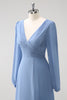 Load image into Gallery viewer, A Line Grey Blue V-Nack Chiffon Bridesmaid Dress with Long Sleeves