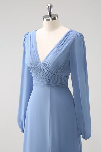 A Line Grey Blue V-Nack Chiffon Bridesmaid Dress with Long Sleeves