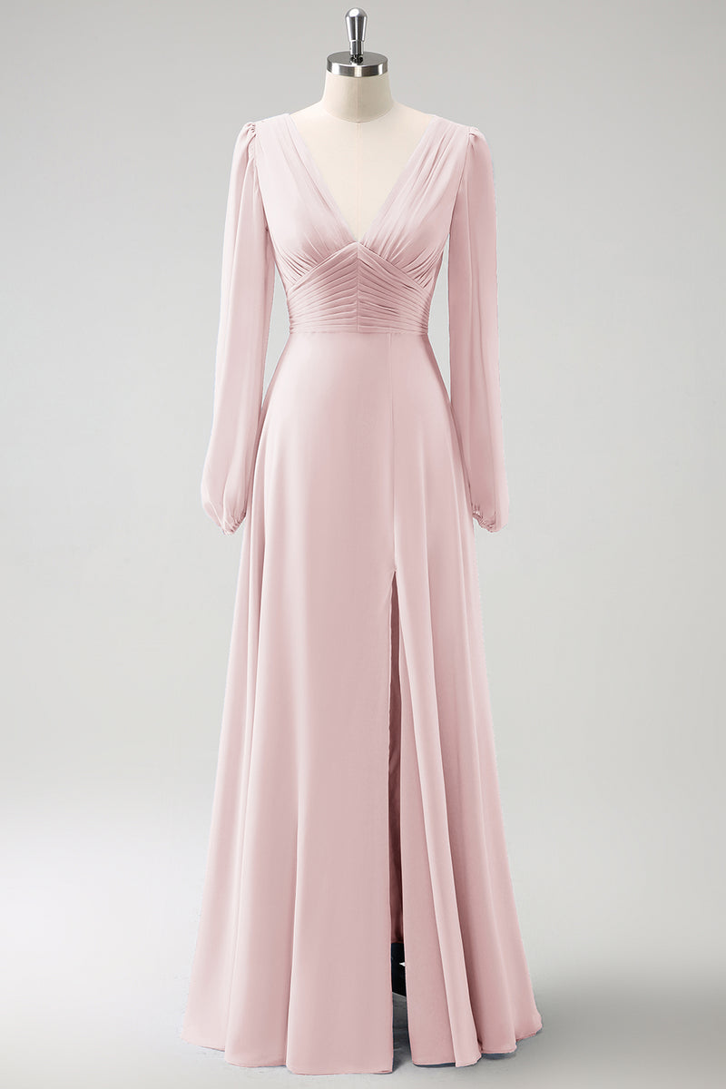 Load image into Gallery viewer, A Line Grey Blue V-Nack Chiffon Bridesmaid Dress with Long Sleeves