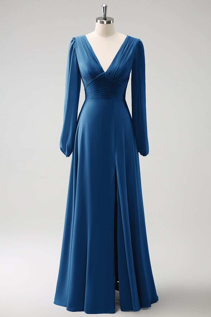 Load image into Gallery viewer, A Line Grey Blue V-Nack Chiffon Bridesmaid Dress with Long Sleeves