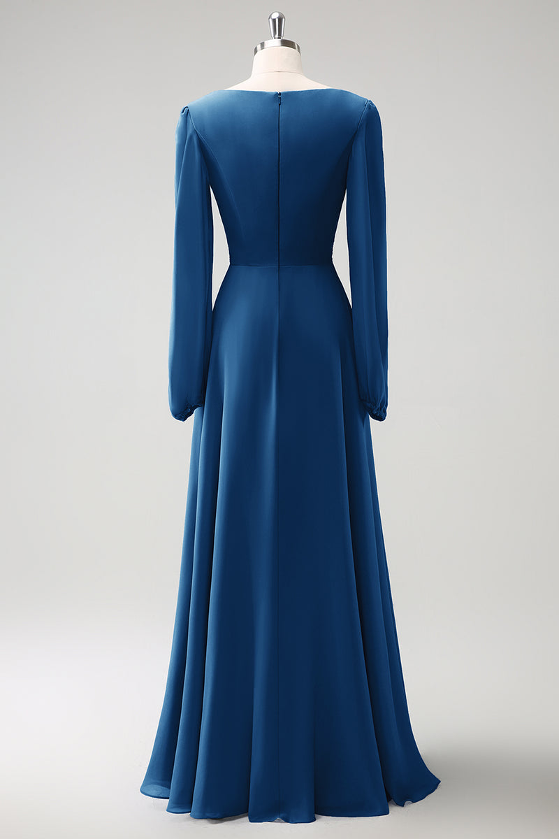 Load image into Gallery viewer, A Line Grey Blue V-Nack Chiffon Bridesmaid Dress with Long Sleeves