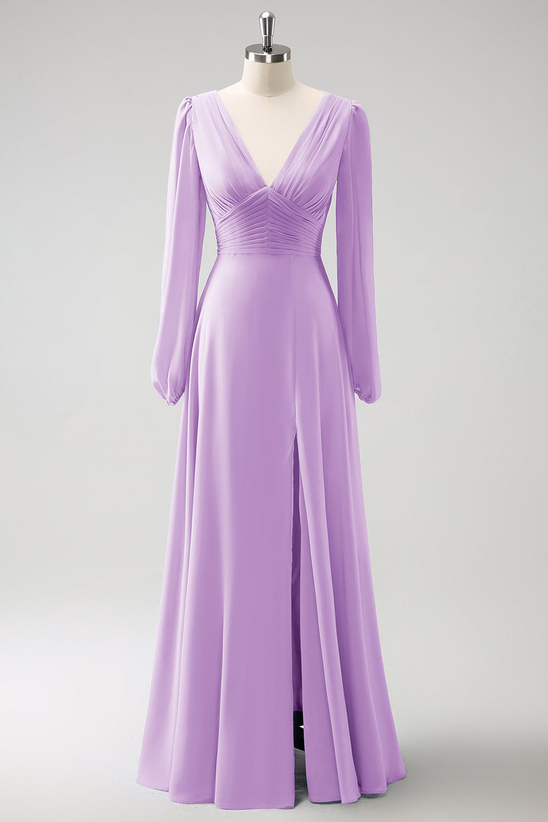 Load image into Gallery viewer, A Line Grey Blue V-Nack Chiffon Bridesmaid Dress with Long Sleeves