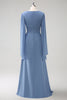 Load image into Gallery viewer, Grey Blue A Line Long Sleeves Chiffon Bridesmaid Dress with Slit