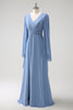 Load image into Gallery viewer, Grey Blue A Line Long Sleeves Chiffon Bridesmaid Dress with Slit