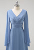 Load image into Gallery viewer, Grey Blue A Line Long Sleeves Chiffon Bridesmaid Dress with Slit