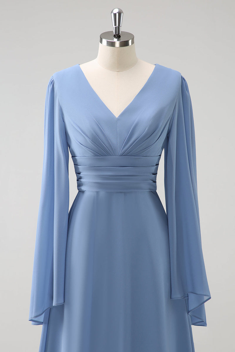 Load image into Gallery viewer, Grey Blue A Line Long Sleeves Chiffon Bridesmaid Dress with Slit