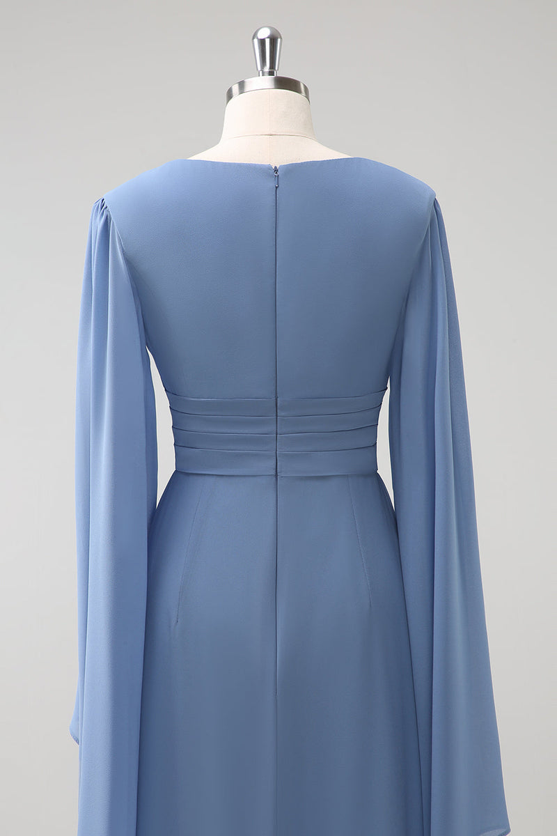 Load image into Gallery viewer, Grey Blue A Line Long Sleeves Chiffon Bridesmaid Dress with Slit