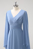 Load image into Gallery viewer, Grey Blue A Line Long Sleeves Chiffon Bridesmaid Dress with Slit