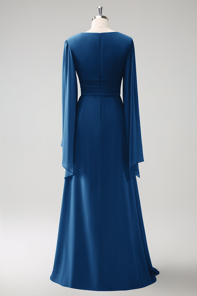 Load image into Gallery viewer, Grey Blue A Line Long Sleeves Chiffon Bridesmaid Dress with Slit