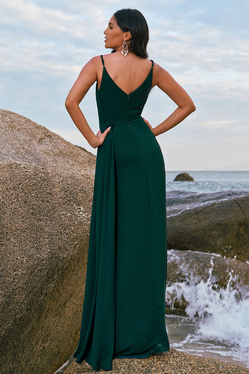 Load image into Gallery viewer, Dark Green A Line Spaghetti Straps Ruched Long Bridesmaid Dress with Slit