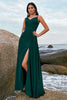 Load image into Gallery viewer, Dark Green A Line Spaghetti Straps Ruched Long Bridesmaid Dress with Slit