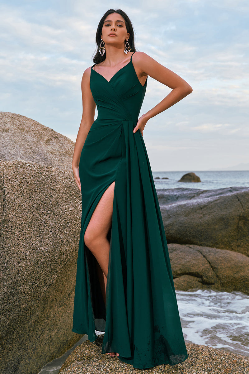 Load image into Gallery viewer, Dark Green A Line Spaghetti Straps Ruched Long Bridesmaid Dress with Slit