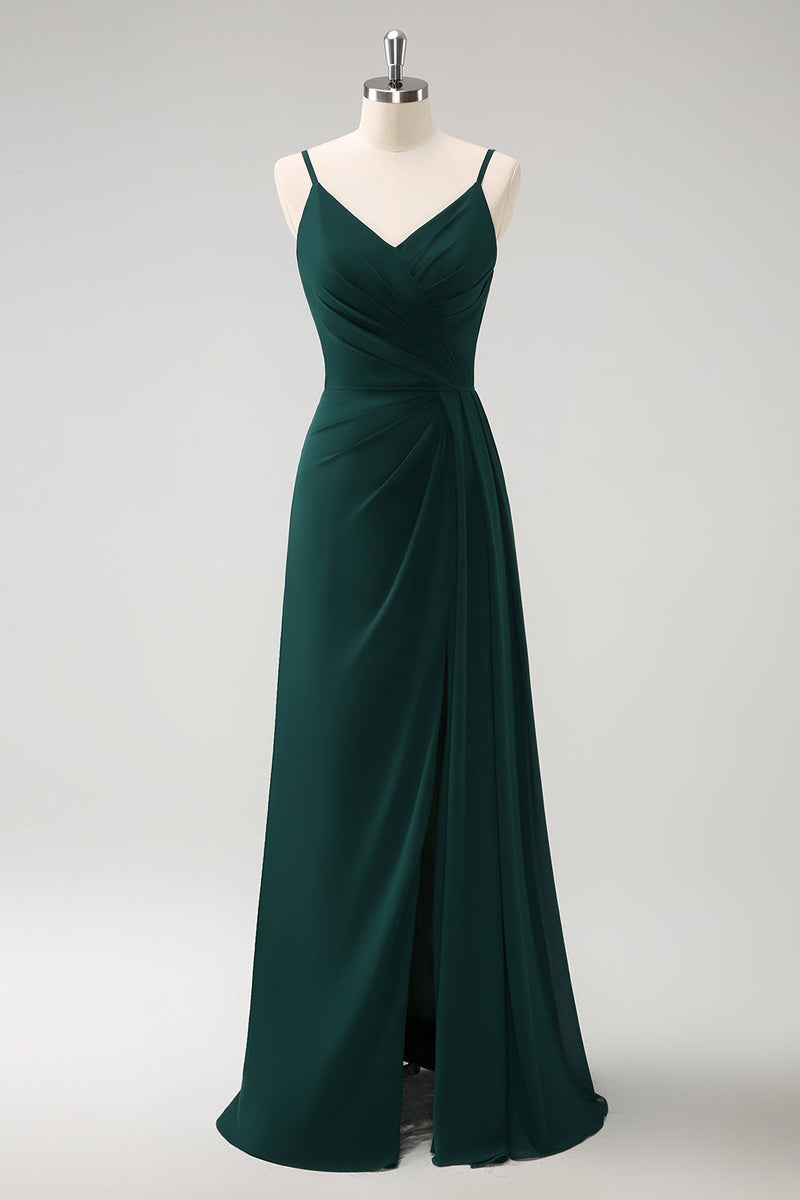 Load image into Gallery viewer, Dark Green Spaghetti Straps Ruche Long Bridesmaid Dress with Slit