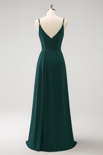 Dark Green Spaghetti Straps Ruche Long Bridesmaid Dress with Slit