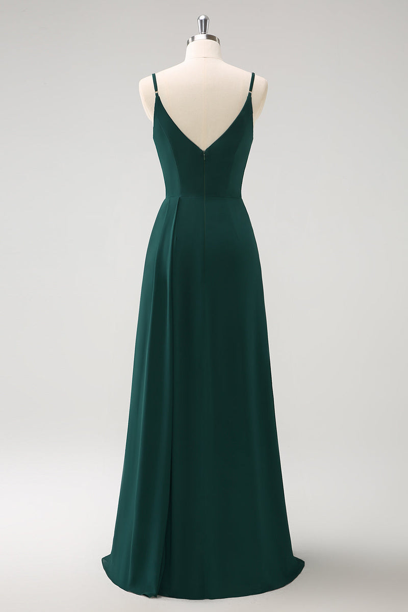 Load image into Gallery viewer, Dark Green Spaghetti Straps Ruche Long Bridesmaid Dress with Slit