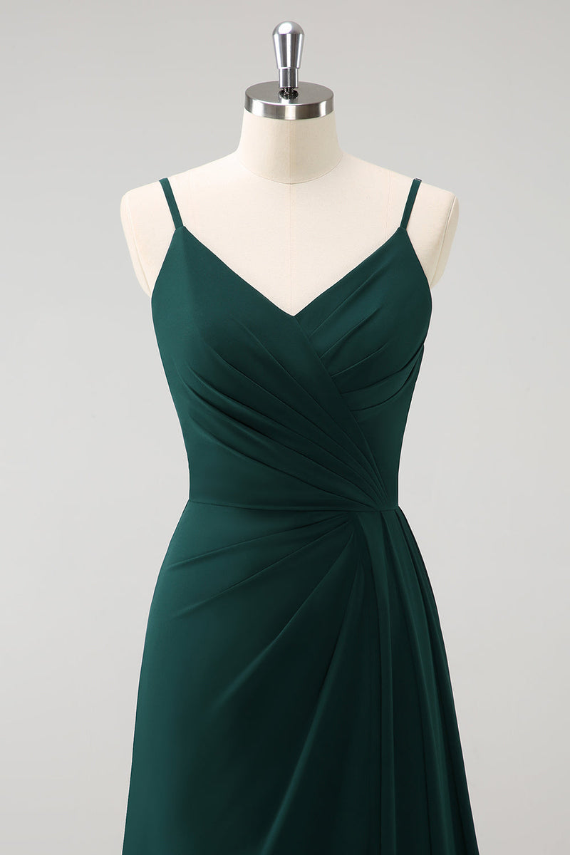 Load image into Gallery viewer, Dark Green Spaghetti Straps Ruche Long Bridesmaid Dress with Slit