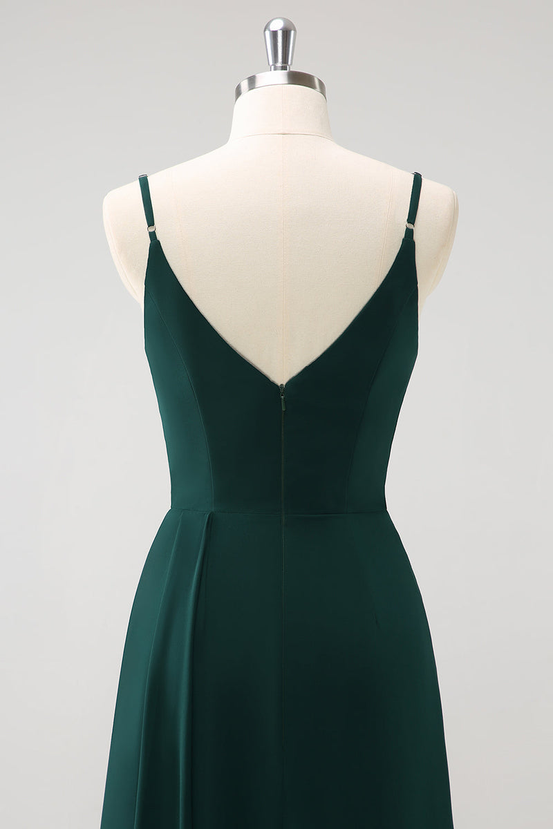 Load image into Gallery viewer, Dark Green Spaghetti Straps Ruche Long Bridesmaid Dress with Slit