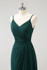 Load image into Gallery viewer, Dark Green Spaghetti Straps Ruche Long Bridesmaid Dress with Slit