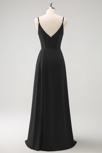 Dark Green Spaghetti Straps Ruche Long Bridesmaid Dress with Slit