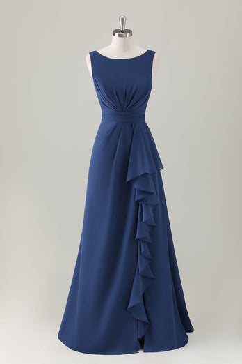 Dark Blue A-Line Ruffle Long Bridesmaid Dress with Slit