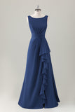 Dark Blue A Line Ruffle Long Bridesmaid Dress with Slit