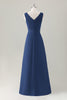 Load image into Gallery viewer, Dark Blue A-Line Ruffle Long Bridesmaid Dress with Slit