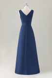 Dark Blue A Line Ruffle Long Bridesmaid Dress with Slit