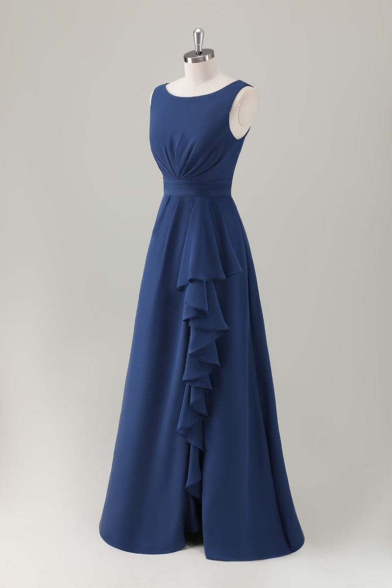 Load image into Gallery viewer, Dark Blue A-Line Ruffle Long Bridesmaid Dress with Slit