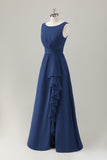 Dark Blue A Line Ruffle Long Bridesmaid Dress with Slit