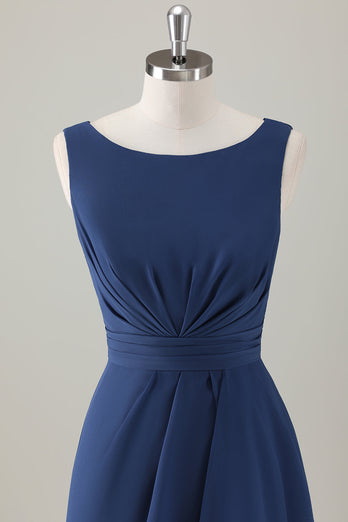 Dark Blue A-Line Ruffle Long Bridesmaid Dress with Slit