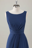 Dark Blue A Line Ruffle Long Bridesmaid Dress with Slit