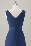 Dark Blue A Line Ruffle Long Bridesmaid Dress with Slit