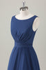 Load image into Gallery viewer, Dark Blue A-Line Ruffle Long Bridesmaid Dress with Slit