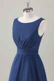 Dark Blue A Line Ruffle Long Bridesmaid Dress with Slit