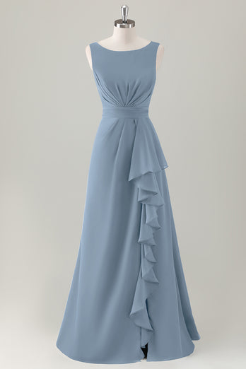 Dark Blue A Line Ruffle Long Bridesmaid Dress with Slit