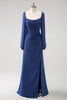 Load image into Gallery viewer, Dark Blue Sheath Square Neck Chiffon Long Sleeves Long Bridesmaid Dress with Slit