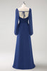 Load image into Gallery viewer, Dark Blue Sheath Square Neck Chiffon Long Sleeves Long Bridesmaid Dress with Slit