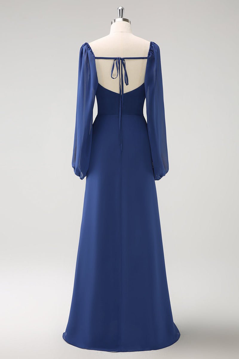 Load image into Gallery viewer, Dark Blue Sheath Square Neck Chiffon Long Sleeves Long Bridesmaid Dress with Slit