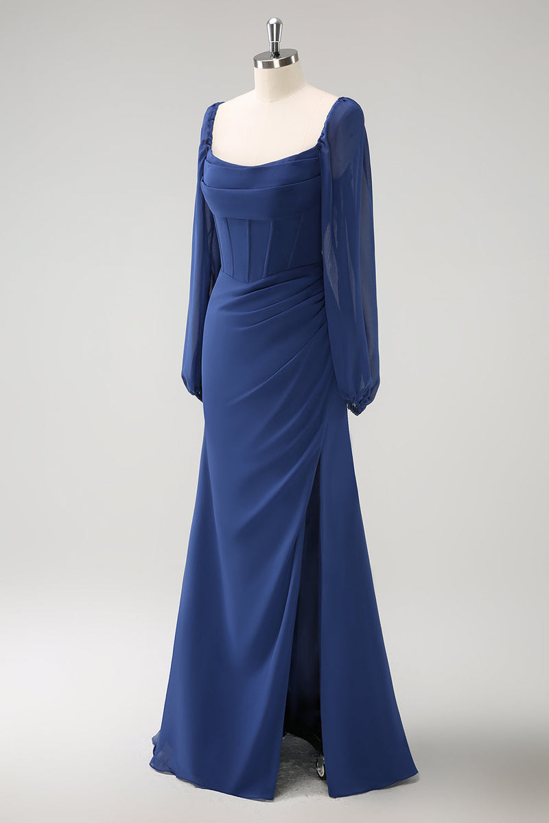 Load image into Gallery viewer, Dark Blue Sheath Square Neck Chiffon Long Sleeves Long Bridesmaid Dress with Slit