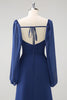 Load image into Gallery viewer, Dark Blue Sheath Square Neck Chiffon Long Sleeves Long Bridesmaid Dress with Slit