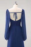 Dark Blue Sheath Corset Chiffon Long Sleeves Long Choir Dress with Slit