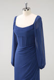 Dark Blue Sheath Corset Chiffon Long Sleeves Long Choir Dress with Slit