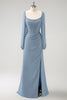 Load image into Gallery viewer, Dark Blue Sheath Square Neck Chiffon Long Sleeves Long Bridesmaid Dress with Slit