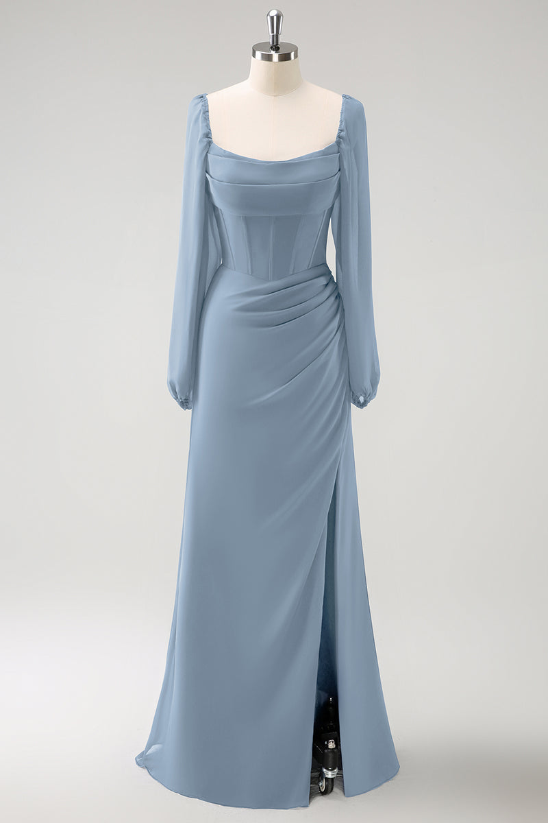 Load image into Gallery viewer, Dark Blue Sheath Square Neck Chiffon Long Sleeves Long Bridesmaid Dress with Slit