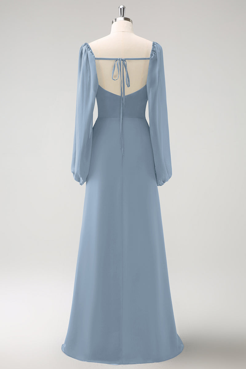 Load image into Gallery viewer, Dark Blue Sheath Square Neck Chiffon Long Sleeves Long Bridesmaid Dress with Slit