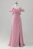 Load image into Gallery viewer, Pink A Line Cold Shoulder Chiffon Bridesmaid Dress with Slit