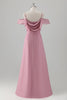 Load image into Gallery viewer, Pink A Line Cold Shoulder Chiffon Bridesmaid Dress with Slit