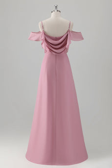 Pink A Line Cold Shoulder Chiffon Bridesmaid Dress with Slit