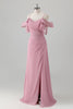 Load image into Gallery viewer, Pink A Line Cold Shoulder Chiffon Bridesmaid Dress with Slit